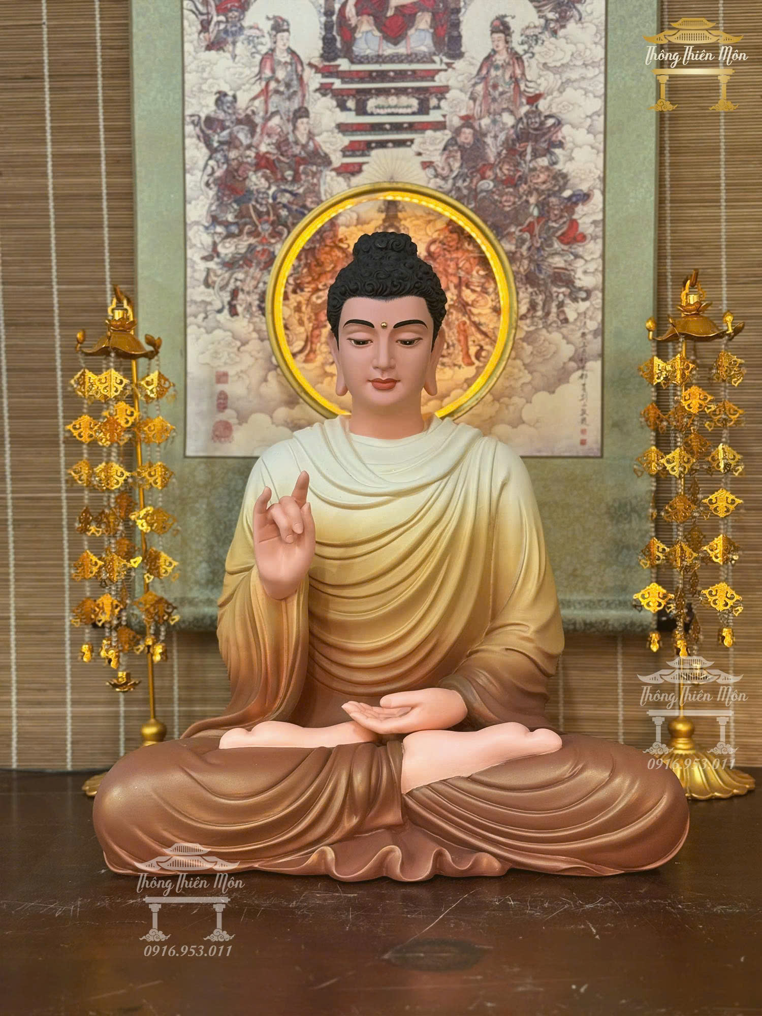 Kim thân Tôn tượng Niêm Hoa Vi Tiếu, Kích thước 50cm, Màu vàng nâu