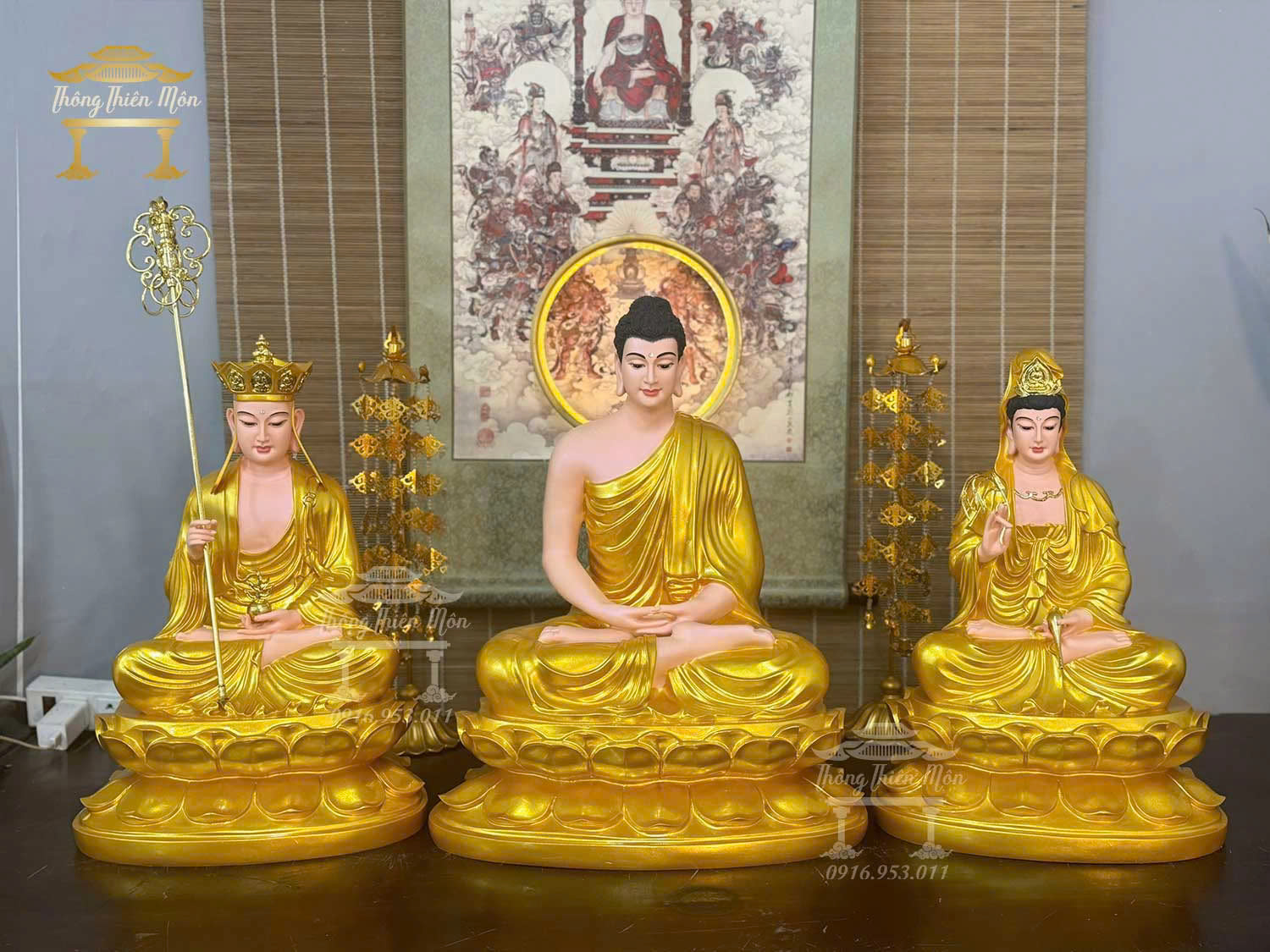 Tôn tượng Ta Bà Tam Thánh, Kích thước 45-50cm, Màu nhũ vàng