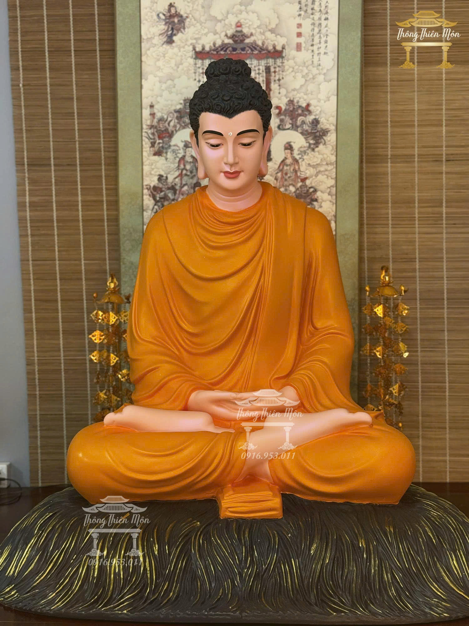 Tôn tượng Bổn Sư Thiền Định, Kích thước 85cm. Màu cam tươi, đế rơm nâu đồng