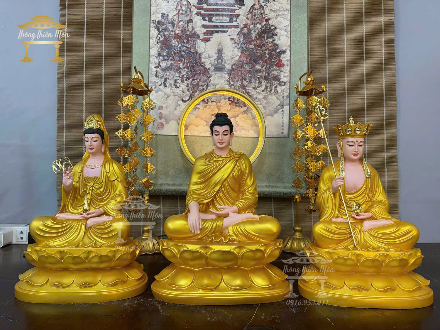 Tôn tượng Ta Bà Tam Thánh, Màu nhũ vàng, Kích thước 30 - 32 - 30cm 