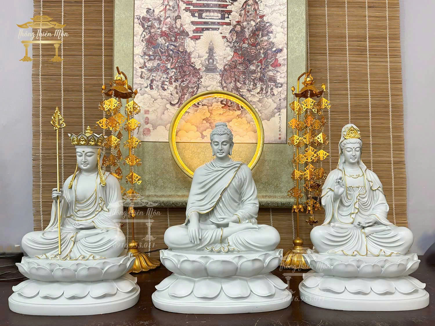 Tôn tượng Ta Bà Tam Thánh, Kích thước 30 - 32 - 30cm, Màu xám xi măng viền vàng áo