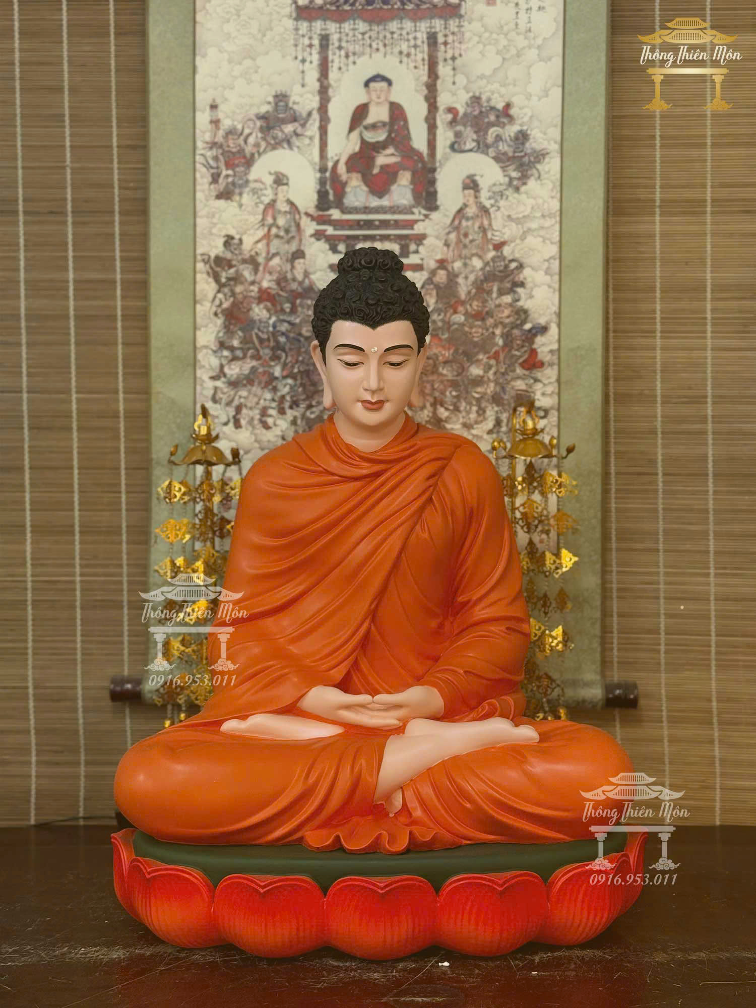 Tôn tượng Bổn Sư Thiền Định, Đế sen 1 tầng, Kích thước 60cm, Phối cam