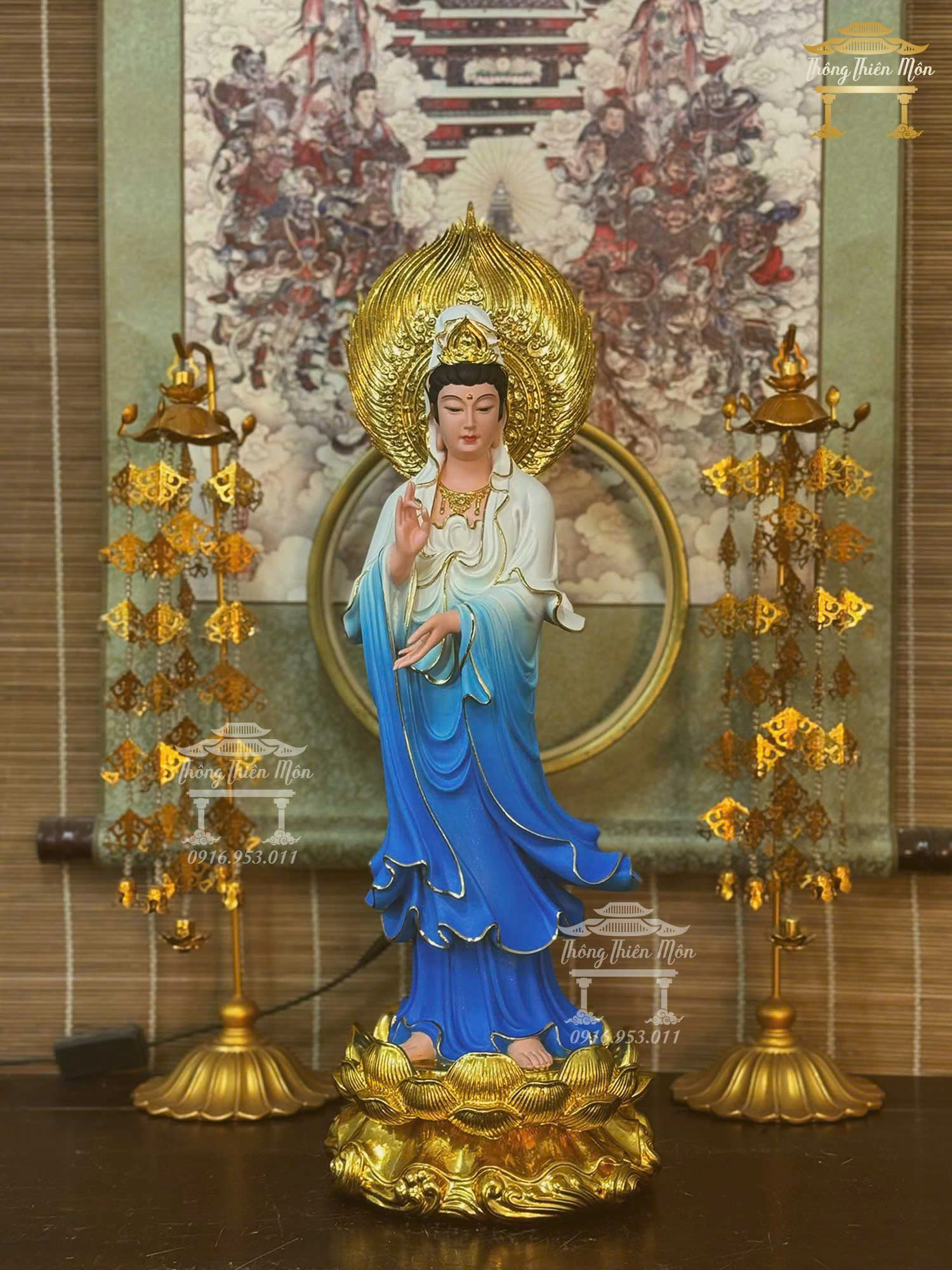 Tượng Quan Âm Bồ Tát, Kích thước 50cm, Màu xanh, Có lá đề