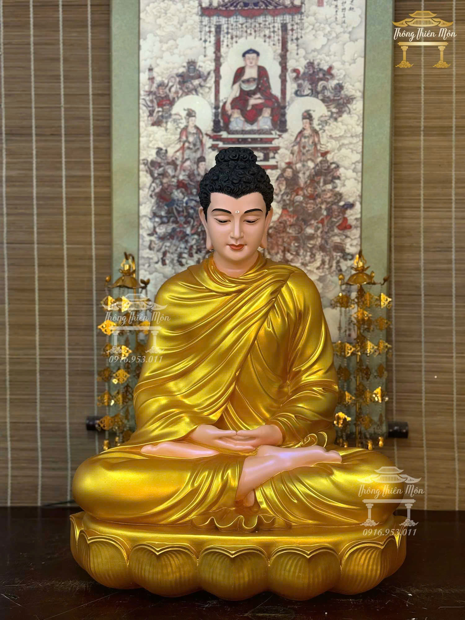 Tôn tượng Bổn Sư Thiền Định, Đế sen 1 tầng, Kích thước 60cm, Nhũ vàng