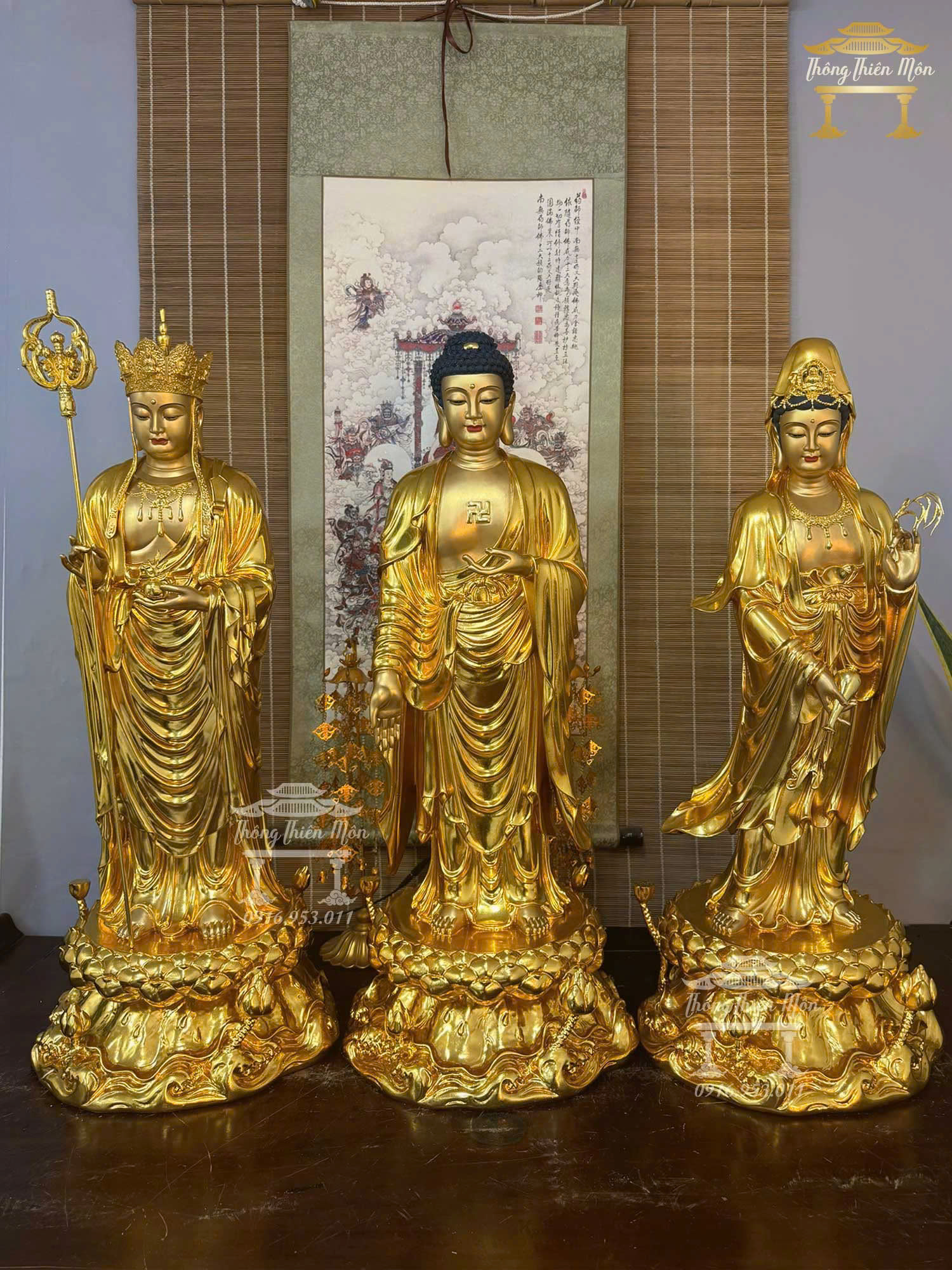 Tôn tượng Ta Bà Tam Thánh, Mạ Vàng, Da hồng, Kích thước 90cm