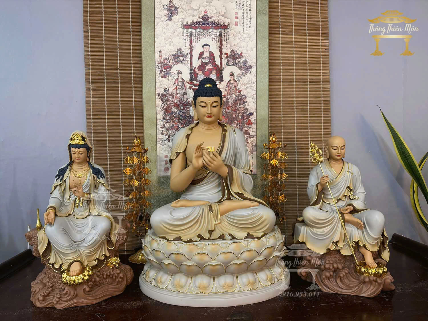 Tôn tượng Ta Bà Tam Thánh, Kích thước 45 - 70 - 45cm, Xám tà vàng