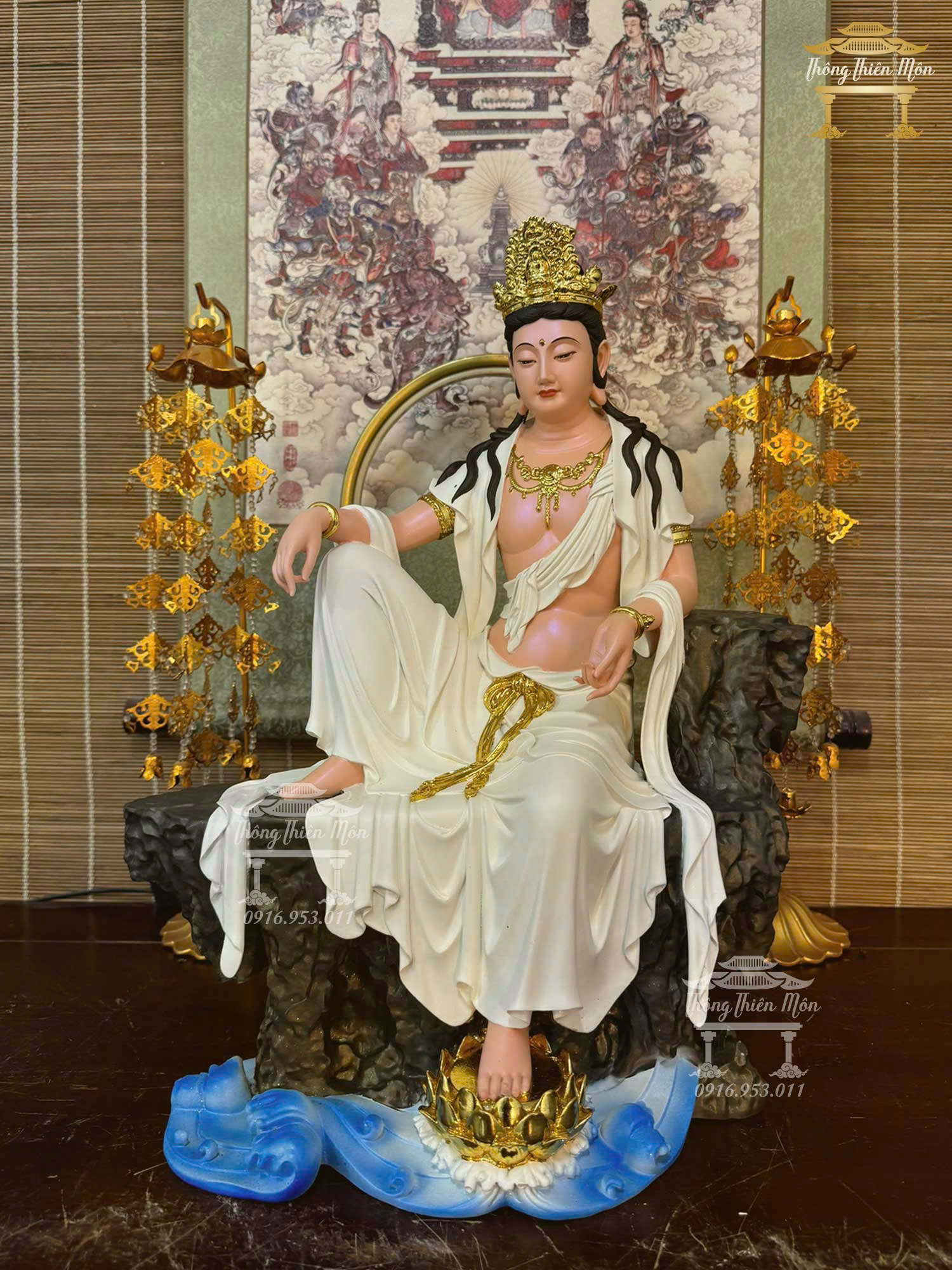 Tôn tượng Quan Âm Tự Tại, Màu trắng, Kích thước 48cm