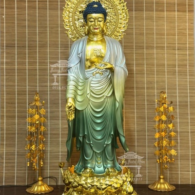 Tôn tượng A Di Đà, Kích thước 100cm, Sơn khoáng xanh, Da mạ vàng