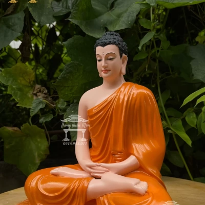 Tượng Bổn Sư Thiền Định, Y xéo, Màu cam tươi, Kích thước 30cm