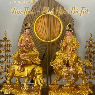 Tôn tượng Văn Thù - Phổ Hiền Bồ Tát - 50cm - Màu vàng nhũ