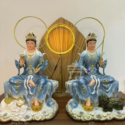 Tượng Văn Thù - Phổ Hiền Bồ Tát, Kích thước 48cm, Phối màu xanh