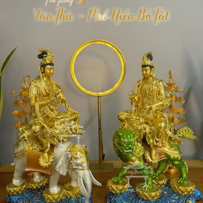 Tượng Văn Thù - Phổ Hiền Bồ Tát, Kích thước 50cm, Sơn phối màu kết hợp mạ vàng