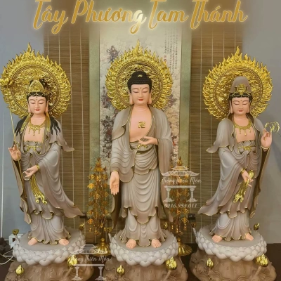 Tôn tượng Tây Phương Tam Thánh, Sơn khoáng nâu viền vàng, Kích thước 100cm 