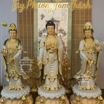 Tôn tượng Tây Phương Tam Thánh, Sơn xám tà vàng, Kích thước 90cm 