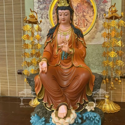 Tôn tượng Quan Âm Tự Tại Bồ Tát, Kích thước 45cm, Sơn phối cam đất