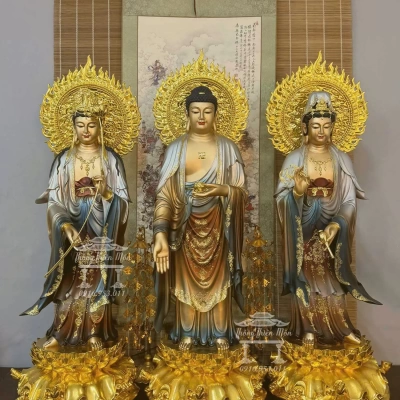 Tôn tượng Tây Phương Tam Thánh, Sơn phối màu, Kích thước 100cm 
