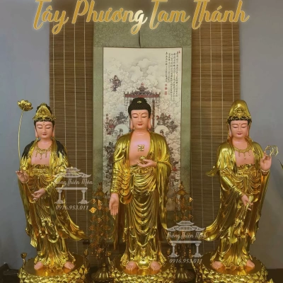 Tôn tượng Tây Phương Tam Thánh, Mạ vàng, Kích thước 90cm