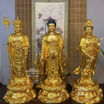 Tôn tượng Ta Bà Tam Thánh, Mạ Vàng, Da hồng, Kích thước 90cm