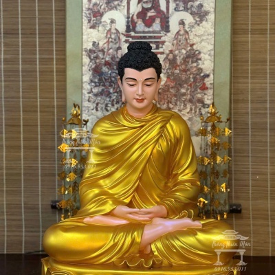 Tôn tượng Bổn Sư Thiền Định, Đế sen 1 tầng, Kích thước 60cm, Nhũ vàng