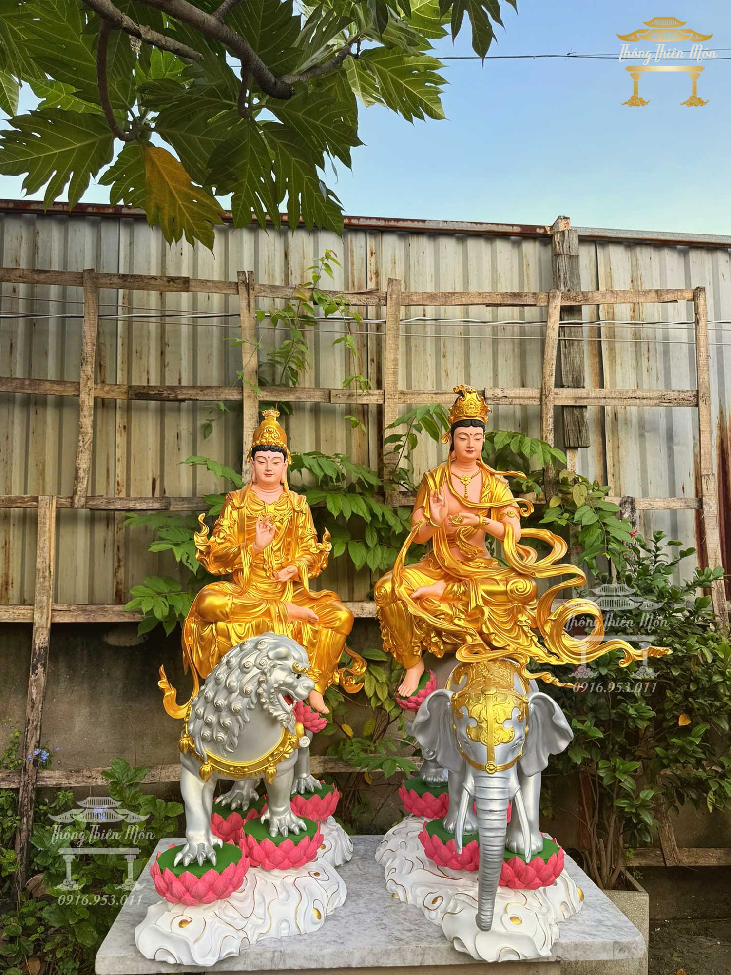 Tôn tượng Văn Thù - Phổ Hiền Bồ Tát, Kích thước 100cm, Nhũ vàng