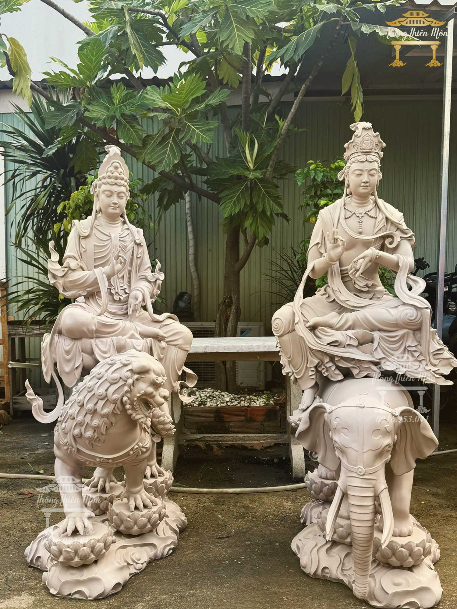Tượng Văn Thù - Phổ Hiền Bồ Tát, 1 màu xám sữa, Kích thước 140cm