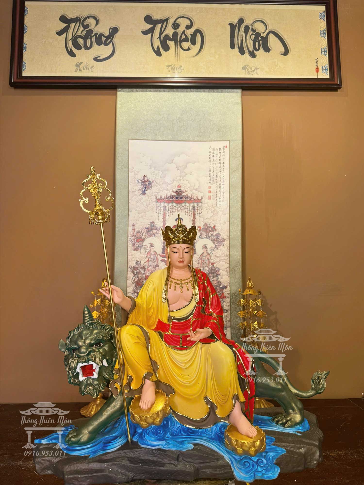 Tôn tượng Địa Tạng Đế Thính, Kích thước 48cm, Áo cà sa đỏ + vàng