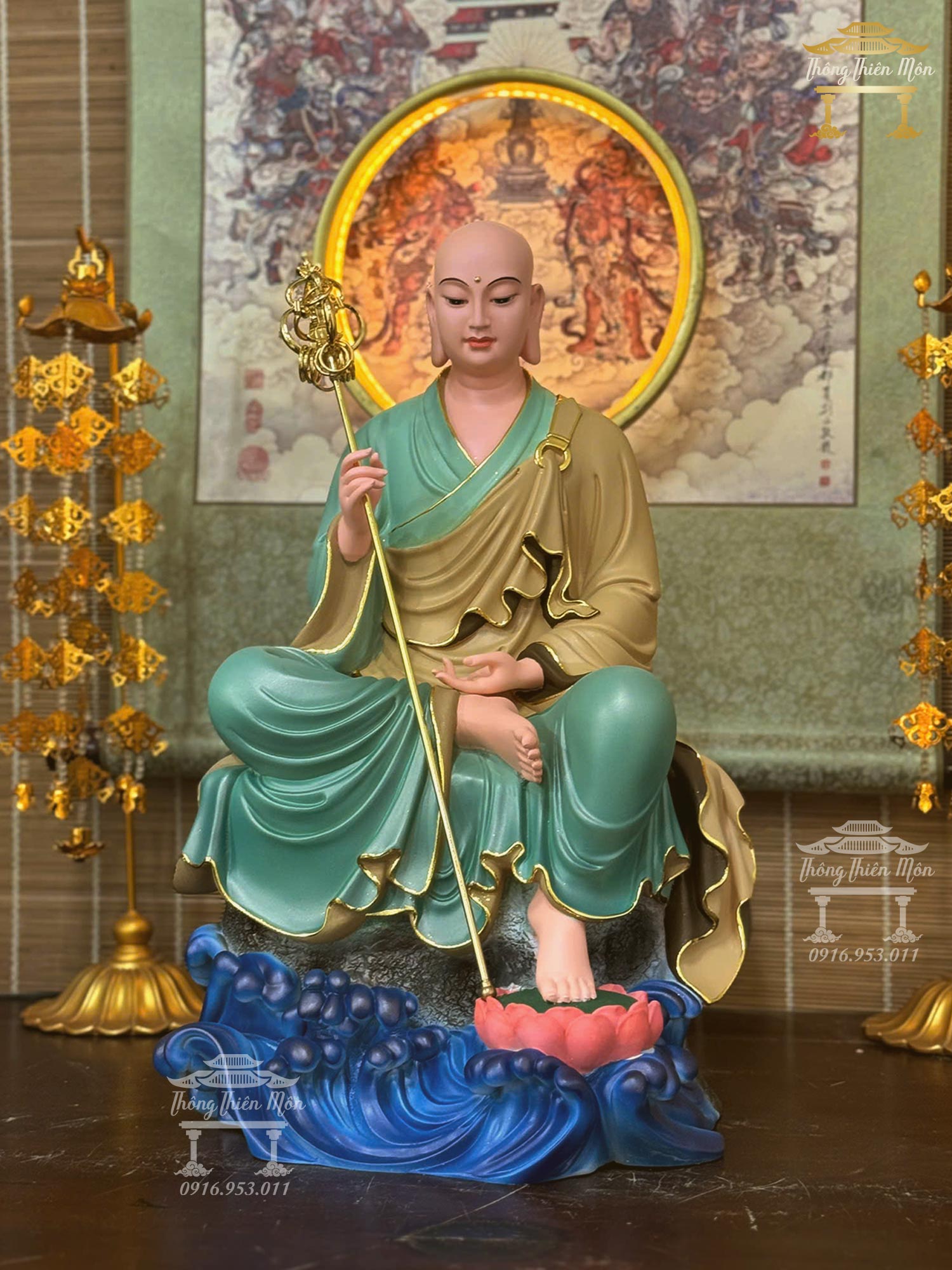 Tôn tượng Địa Tạng Tự Tại Bồ Tát, Kích thước 45cm, Sơn phối xanh