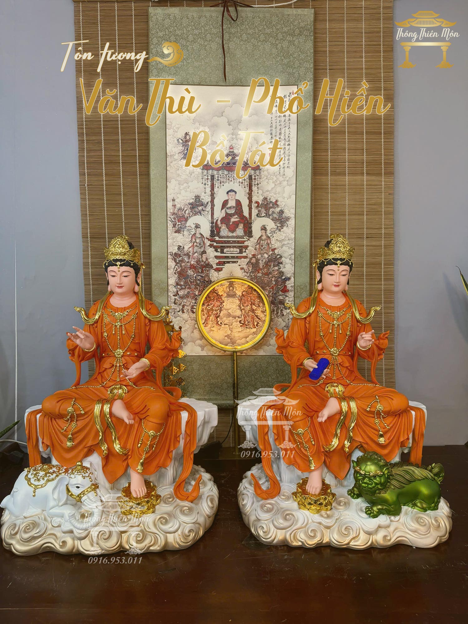Tôn tượng Văn Thù - Phổ Hiền Bồ Tát, Kích thước 68cm, Màu cam
