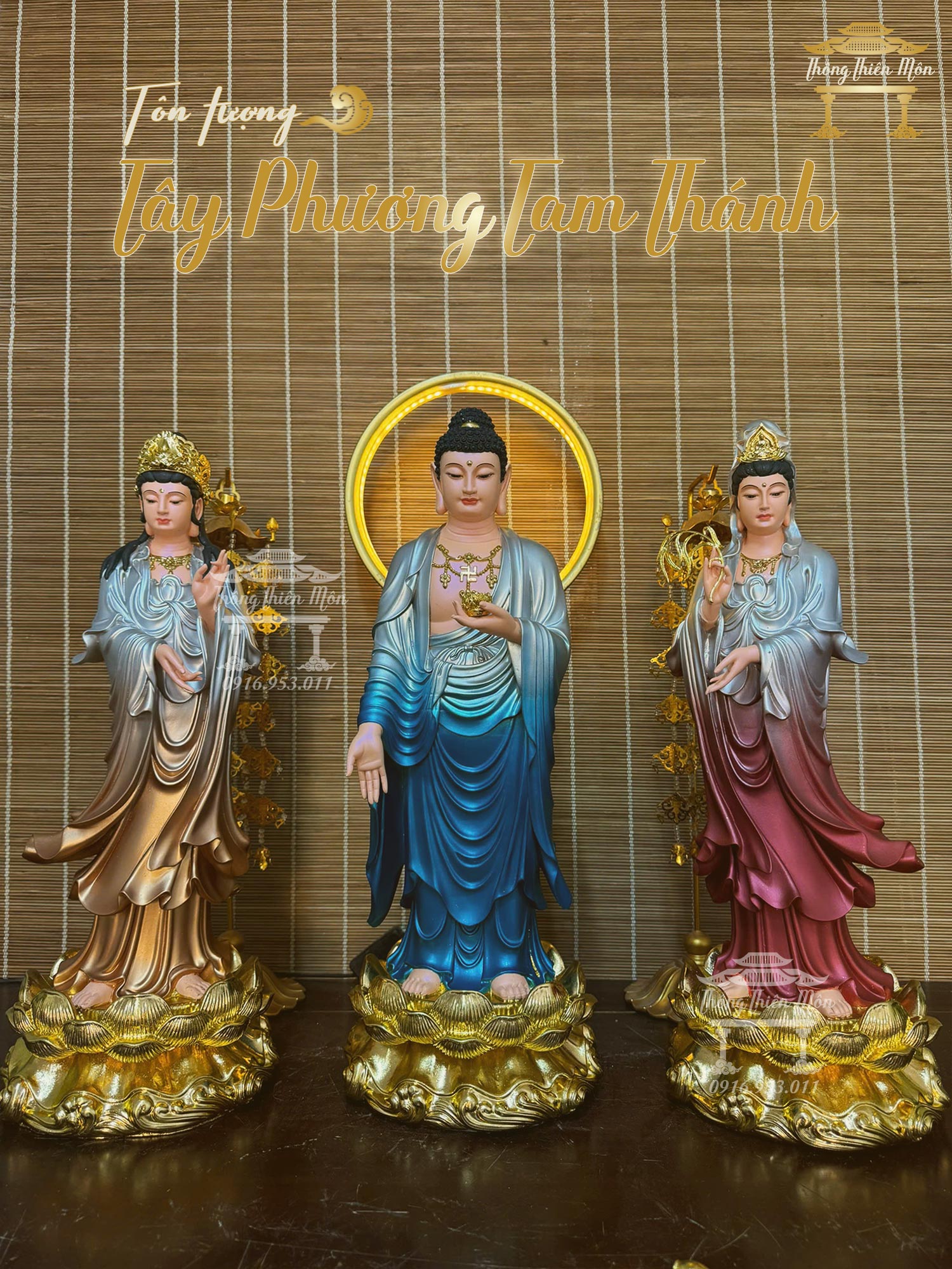 Tôn tượng Tây Phương Tam Thánh, Sơn phối màu, Kích thước 50cm