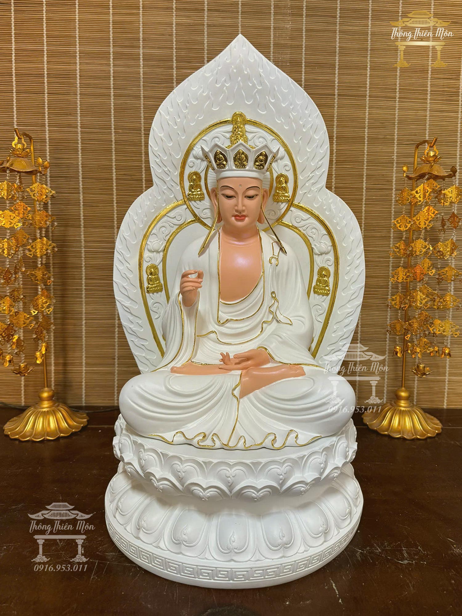 Tôn tượng Địa Tạng Bồ Tát, có tấm thân quang, Kích thước 60cm, Màu trắng viền vàng