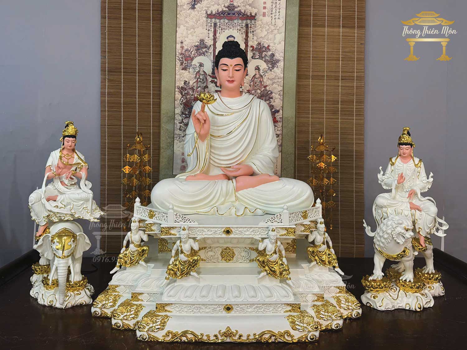Tôn tượng Hoa Nghiêm Tam Thánh, Trắng viền vàng, Kích thước 50-75-50cm