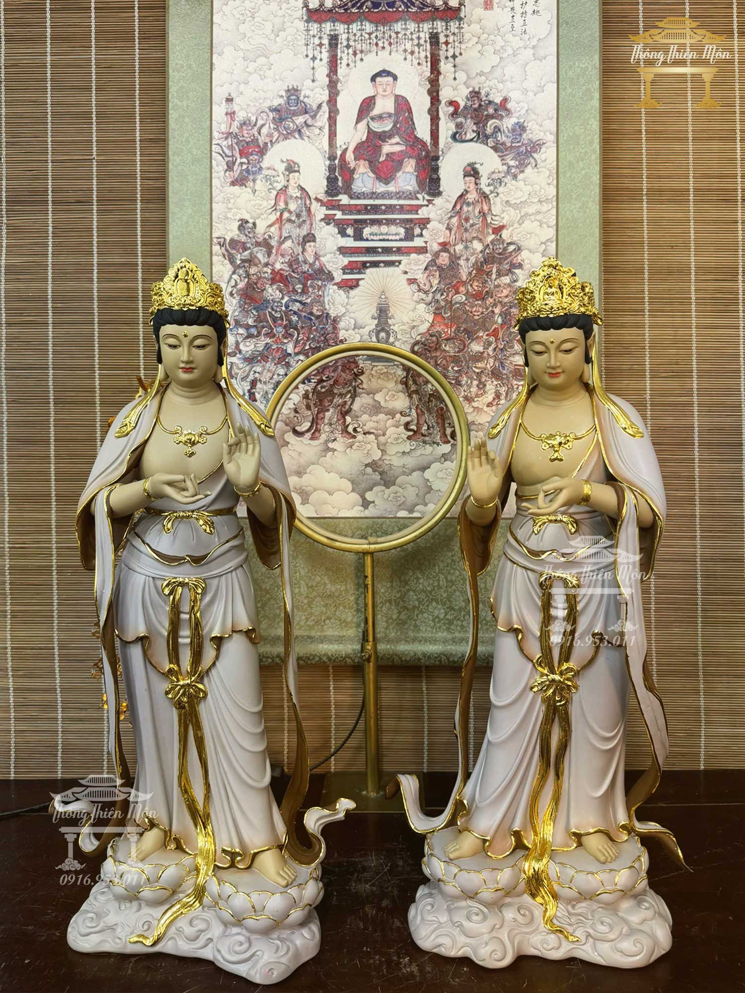 Tôn tượng Nhật Quang - Nguyệt Quang Bồ Tát, Kích thước 55cm, Màu khoáng viền vàng