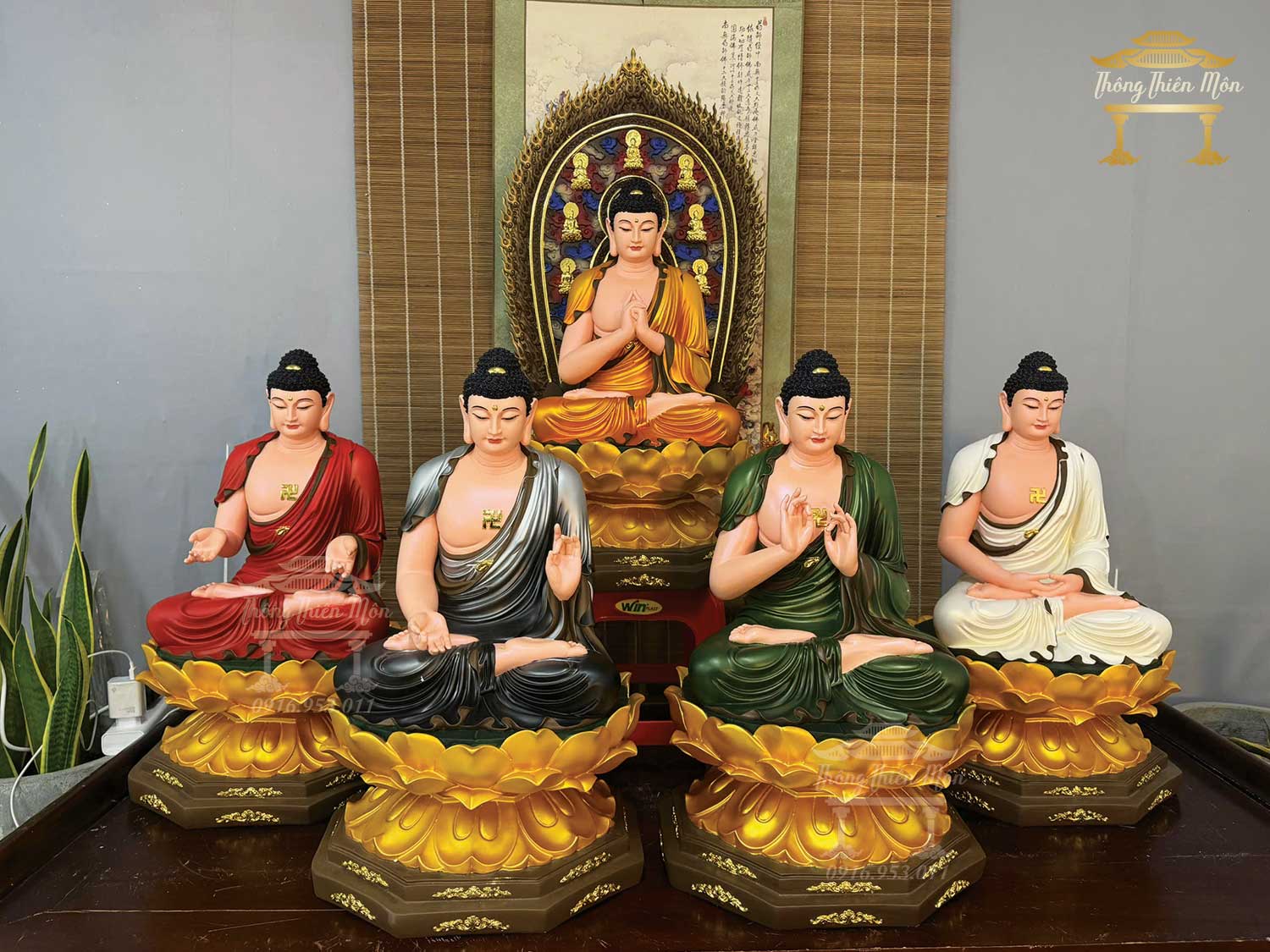 Tôn tượng Ngũ Phương Phật, Kích thước 60cm, Sơn phối màu