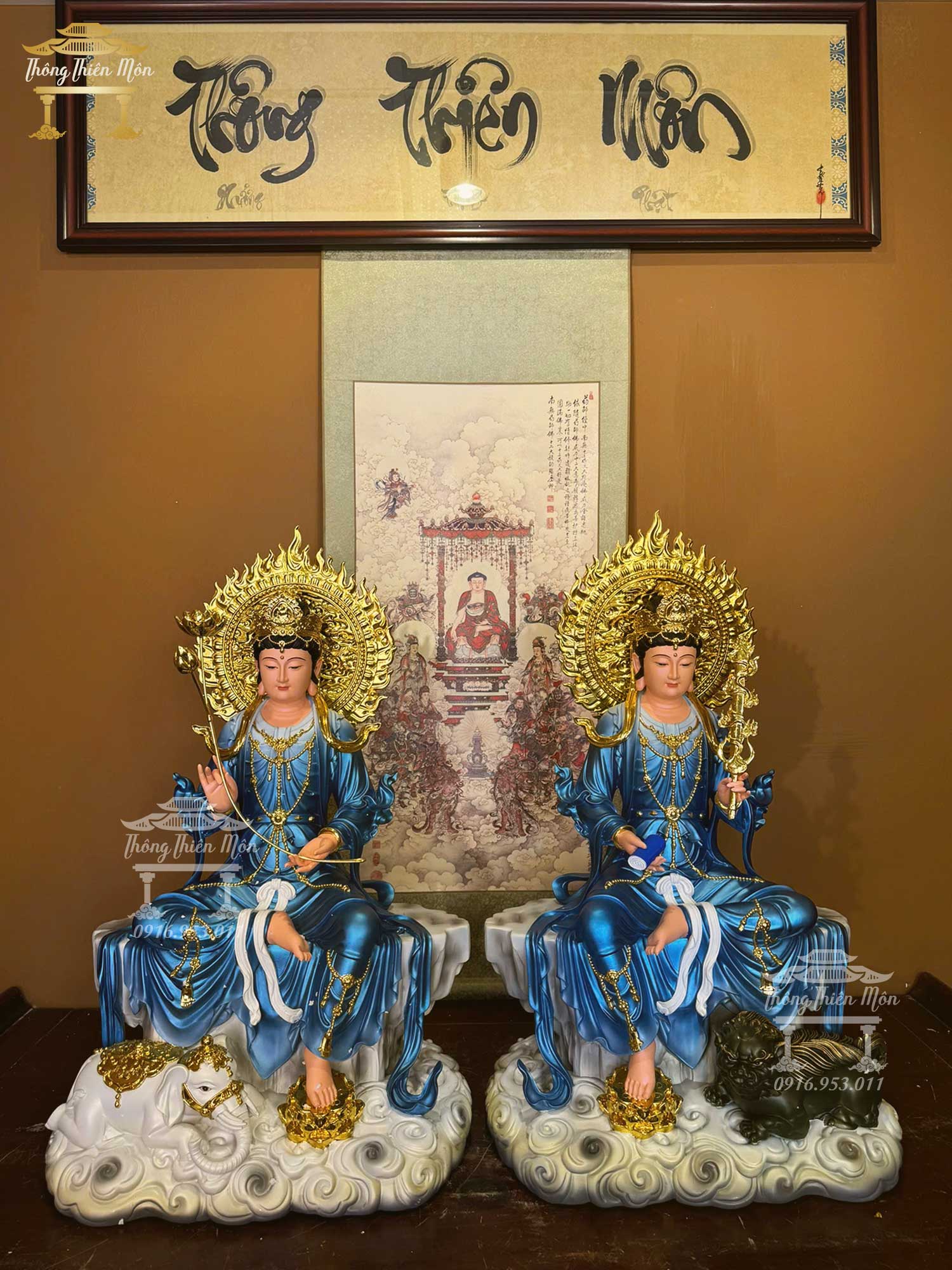 Tôn tượng Văn Thù - Phổ Hiền ngồi đá, Kích thước 73cm, Phối màu xanh dương