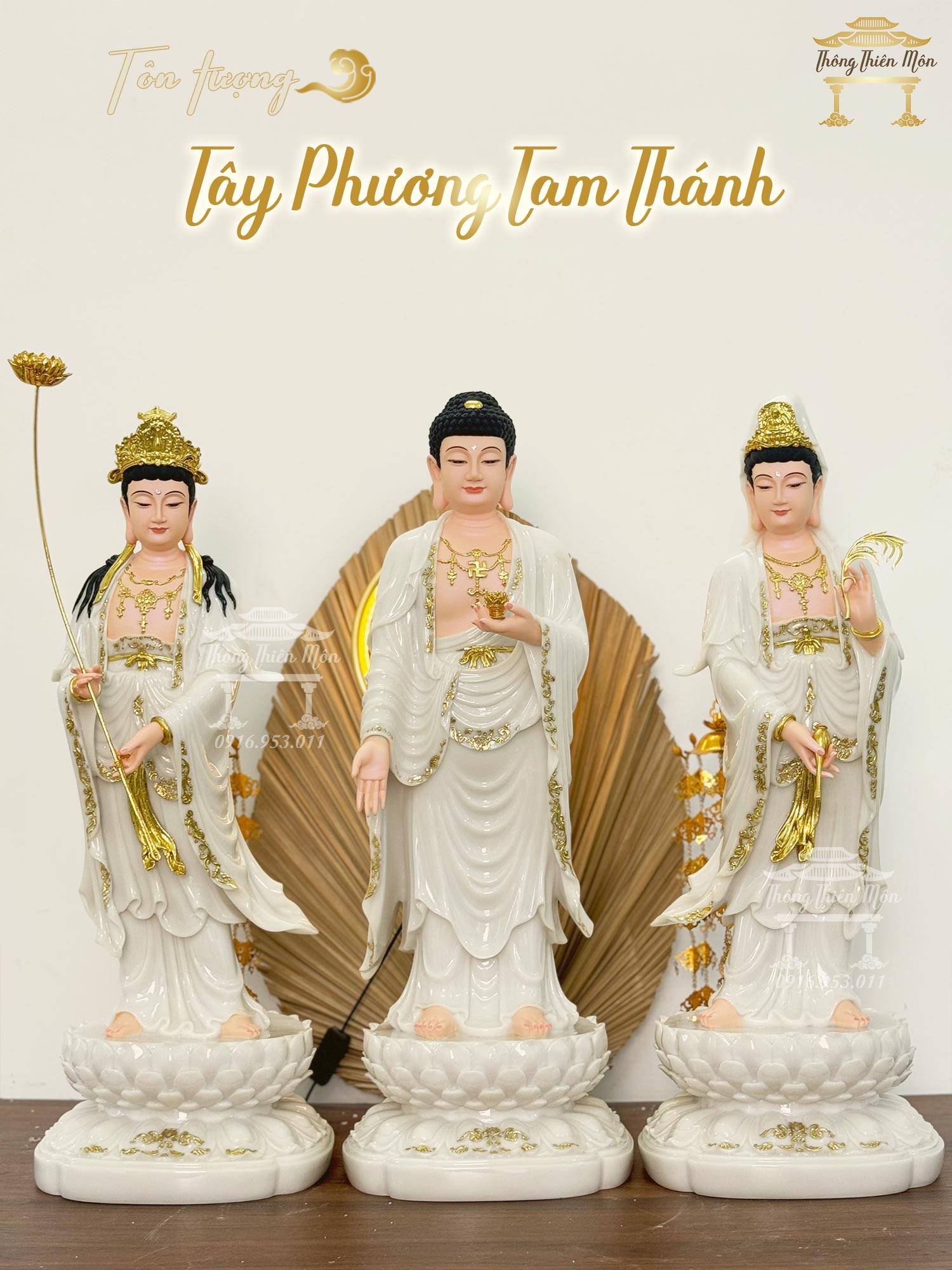 Tượng Tây Phương Tam Thánh, Bạch Ngọc, Kích thước 70cm