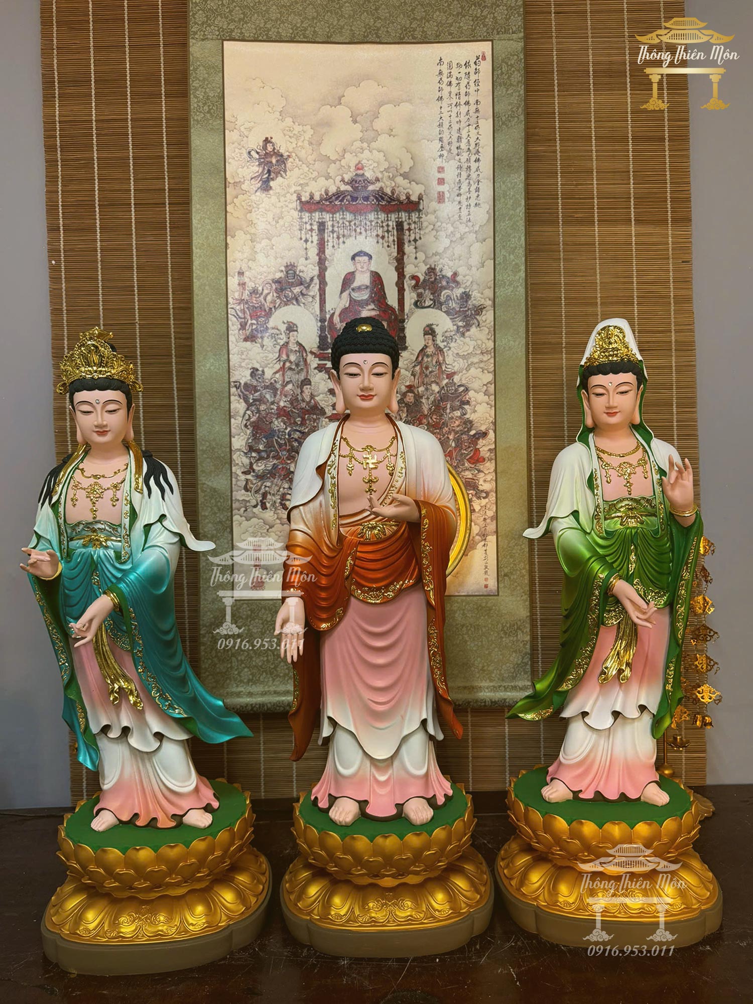 Tôn tượng Tây Phương Tam Thánh, Kích thước 66cm, Sơn phối màu