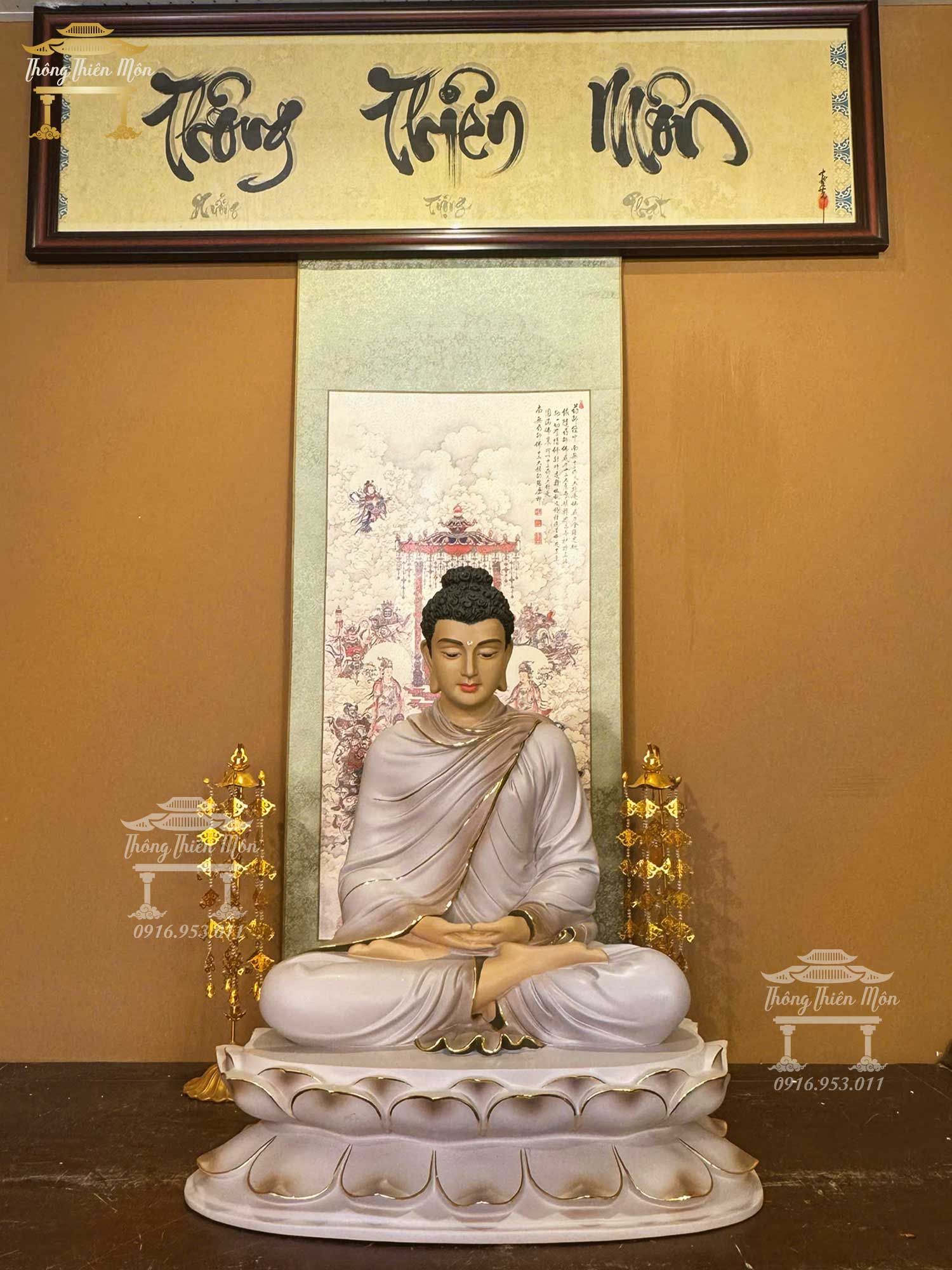 Tôn tượng Bổn Sư Ấn Thiền Định, Kích thước 70cm, Chất liệu Bột ngọc, Màu khoáng viền vàng