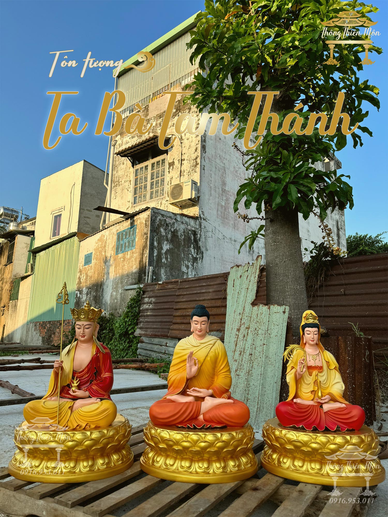 Tôn tượng TA BÀ TAM THÁNH - Kích thước 70cm - Sơn phối màu theo yêu cầu