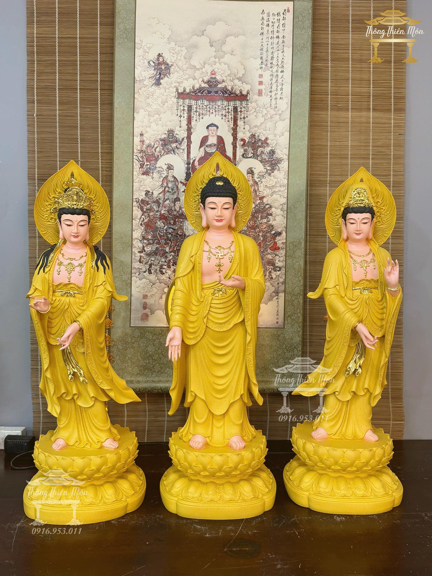 Tôn tượng Tây Phương Tam Thánh, Màu Tử Sa Vàng, Kích thước 70cm