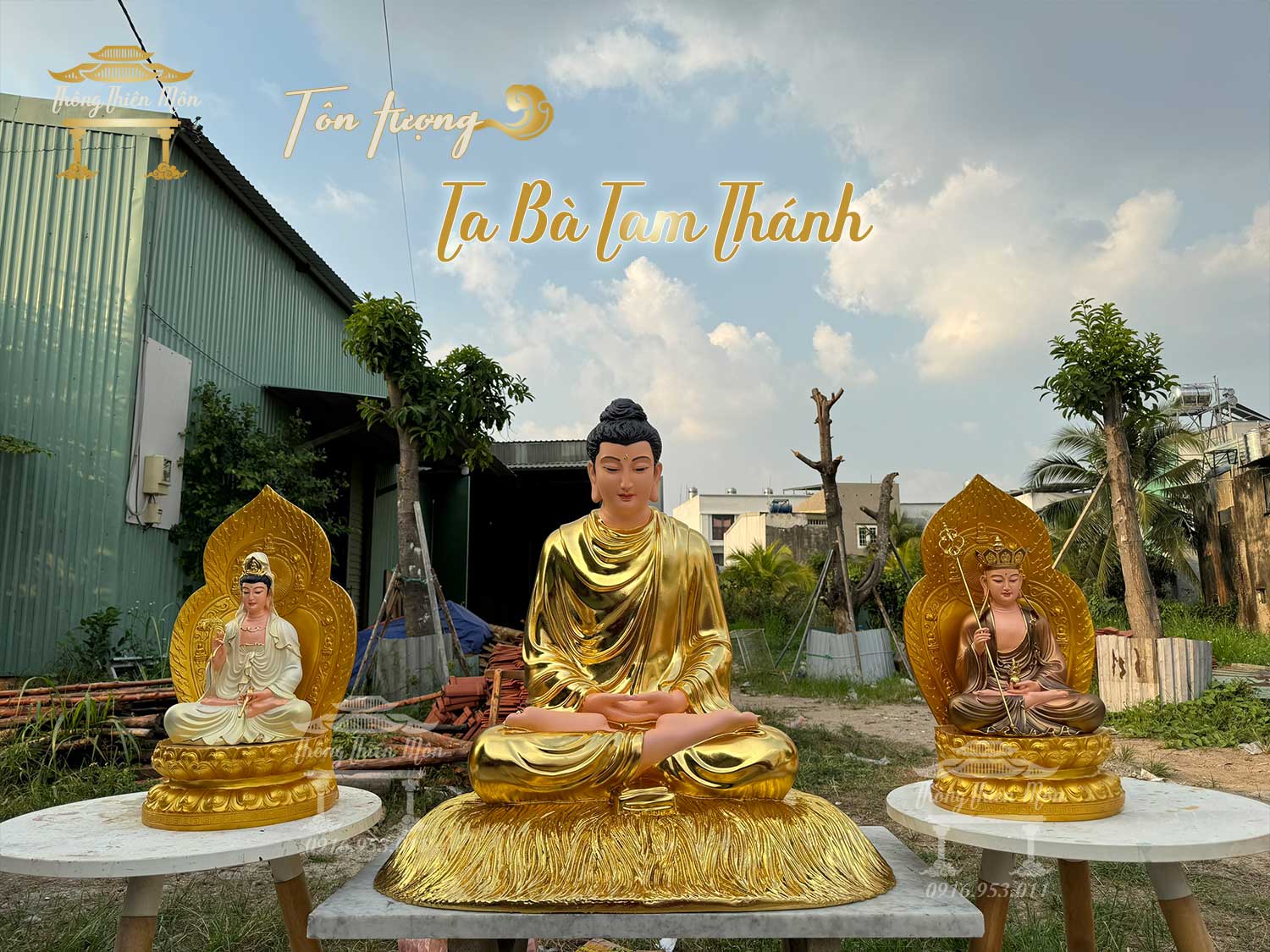 Tôn tượng Ta Bà Tam Thánh, mạ vàng kết hợp sơn khoáng