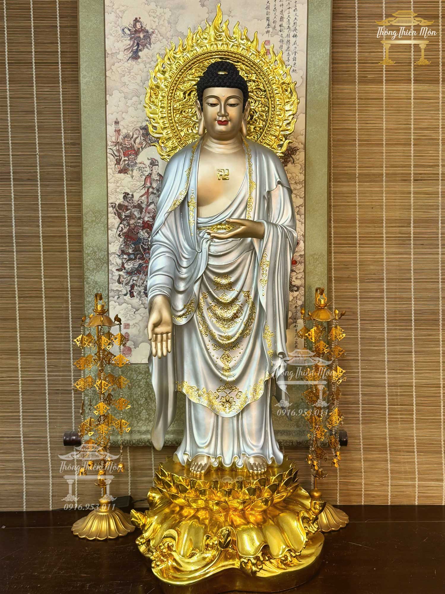 Tôn tượng A Di Đà lá đề, Kích thước 100cm, Phối màu bạc