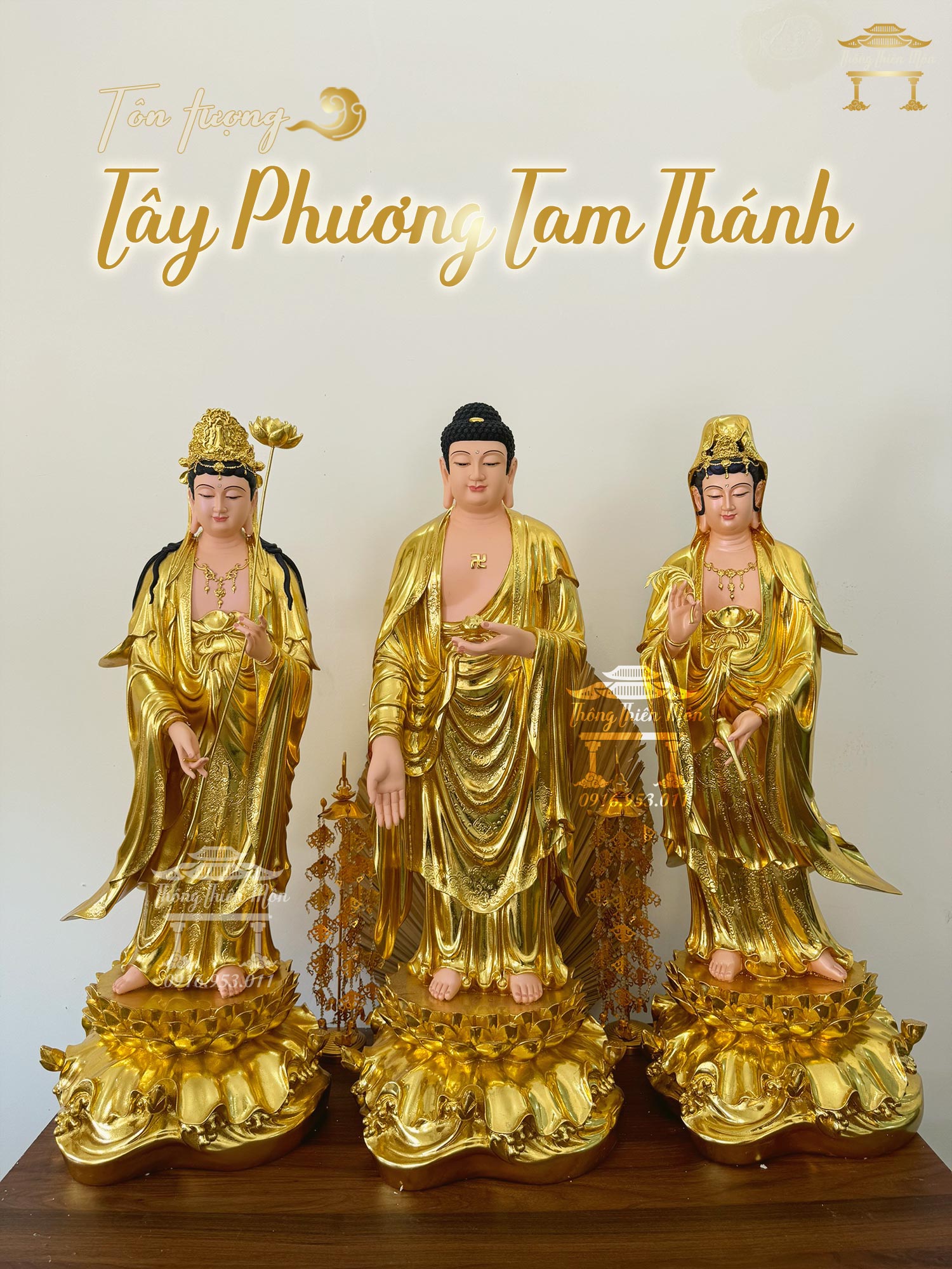 Tượng Tây Phương Tam Thánh, Mạ Vàng, Kích thước 90cm