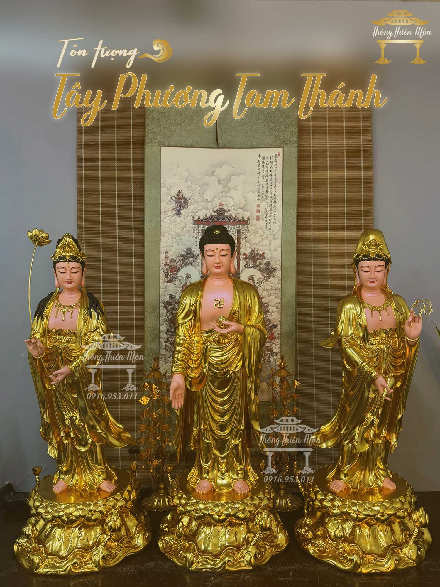 Tôn tượng Tây Phương Tam Thánh, Mạ vàng, Kích thước 90cm