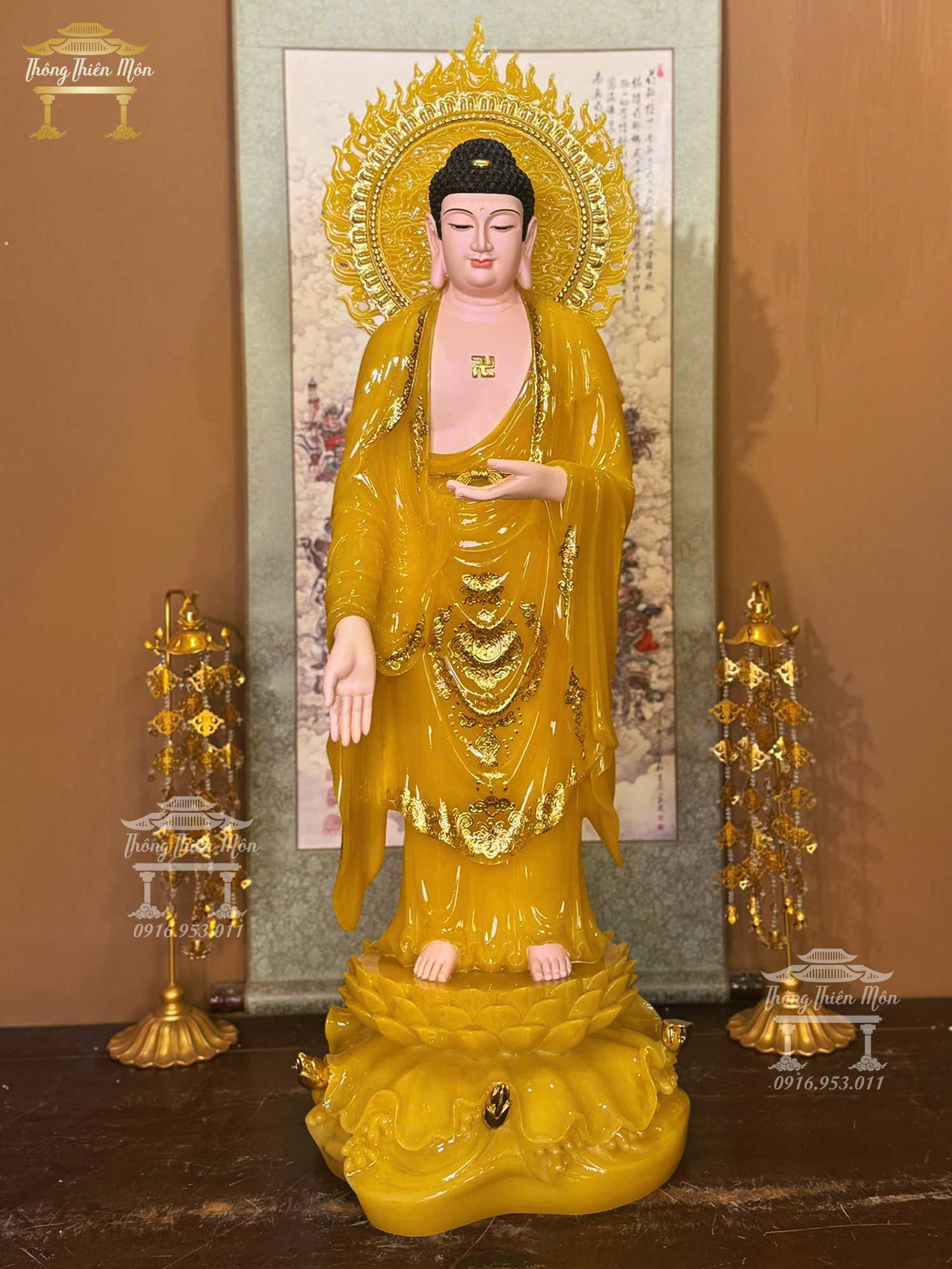 Tôn tượng A Di Đà, Kích thước 100cm, Bột thạch anh màu vàng