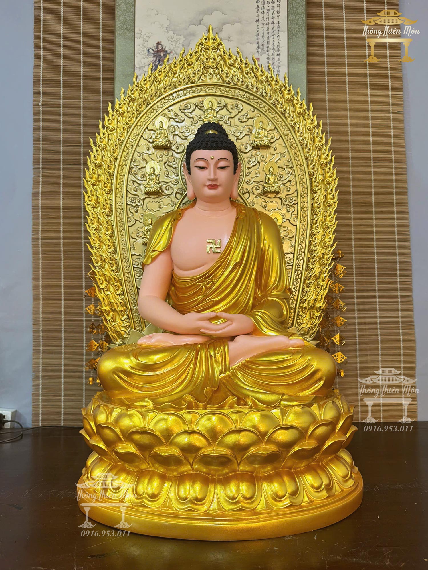 Tôn tượng A Di Đà ngồi, Kích thước tổng thể 90cm, Màu nhũ vàng