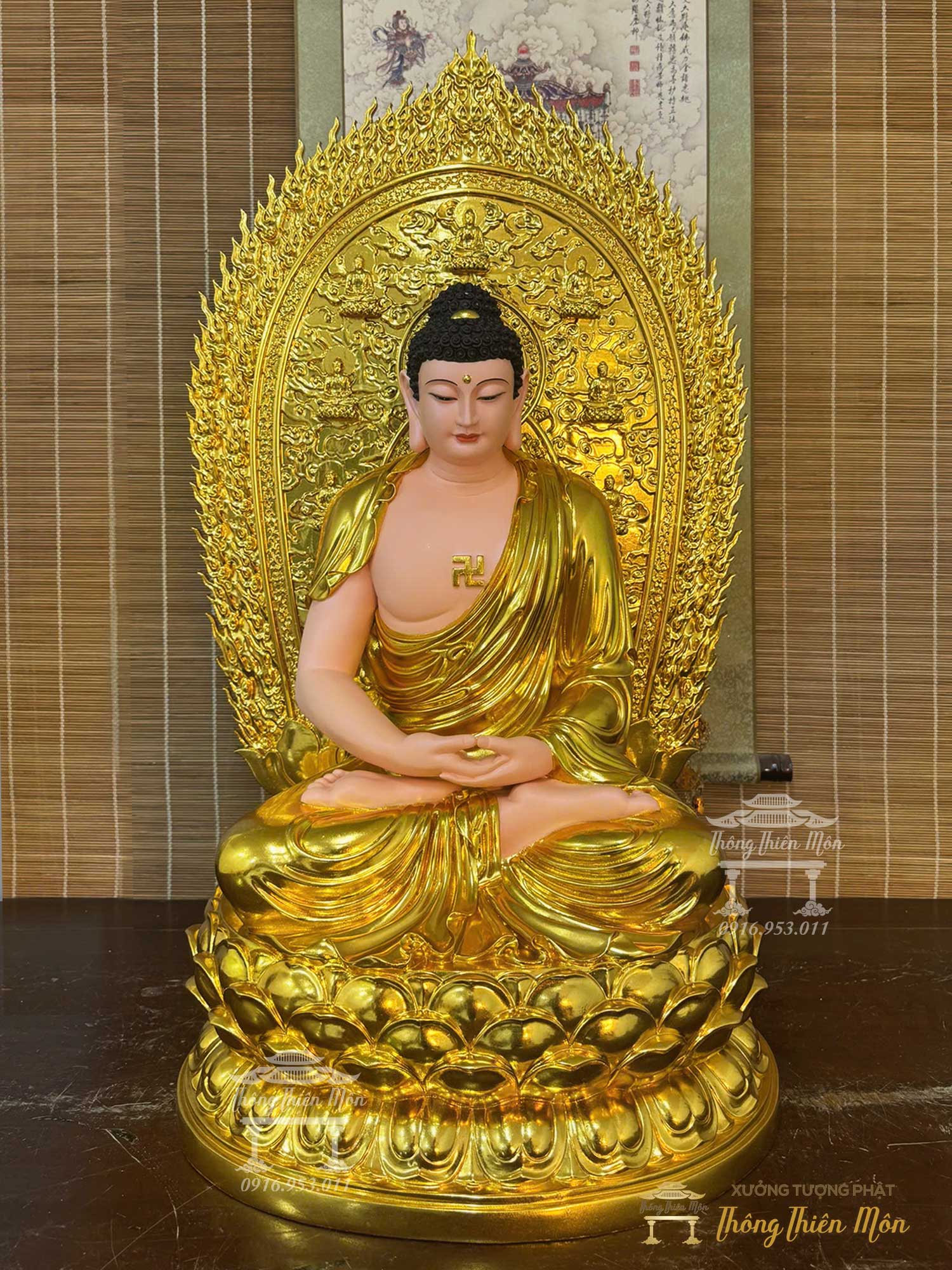 Tôn tượng A Di Đà, Kích thước 90cm, Mạ vàng, Có tấm thân quang