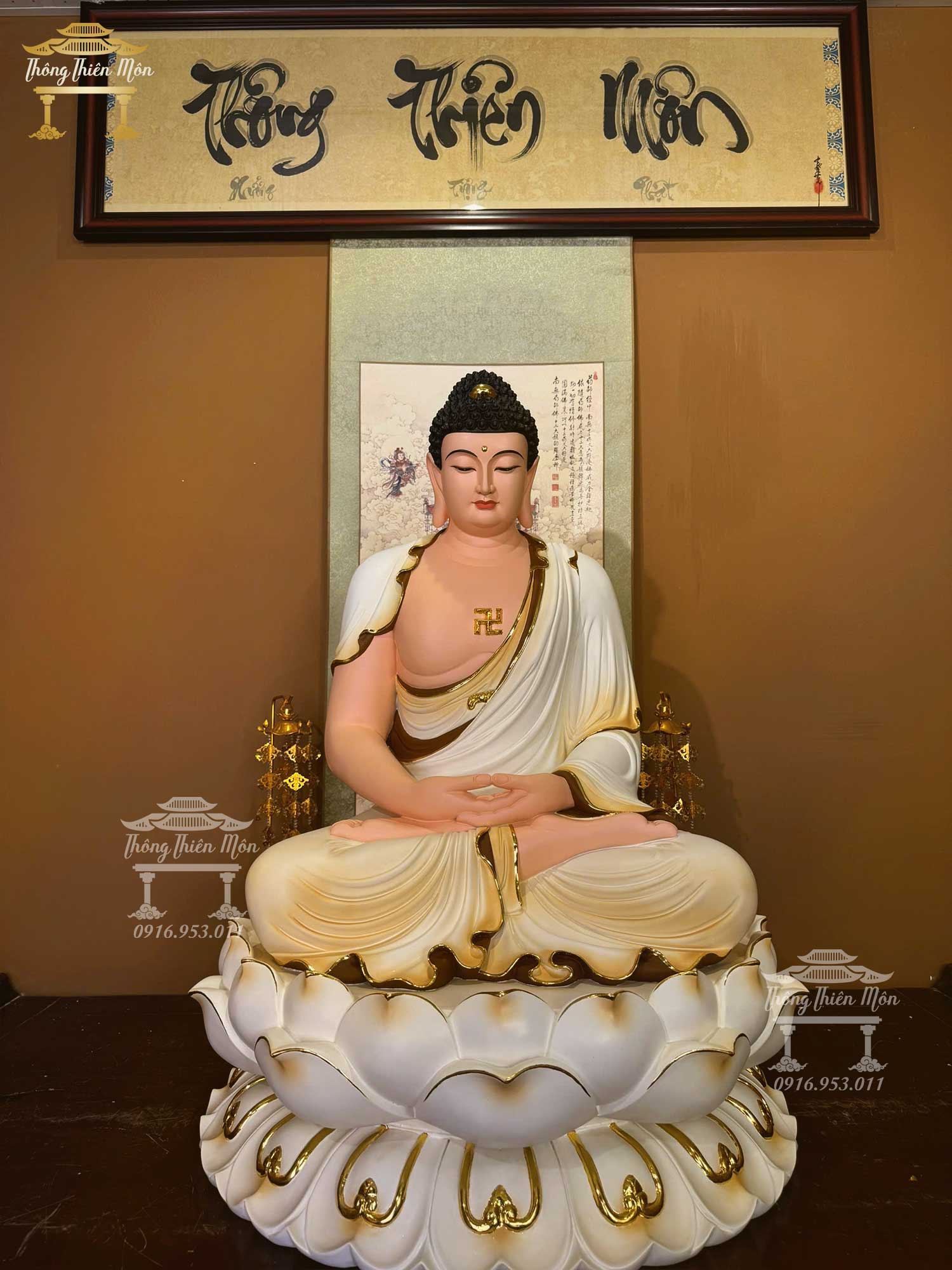 Tôn tượng A Di Đà ngồi, Kích thước 90cm, Màu trắng tà vàng