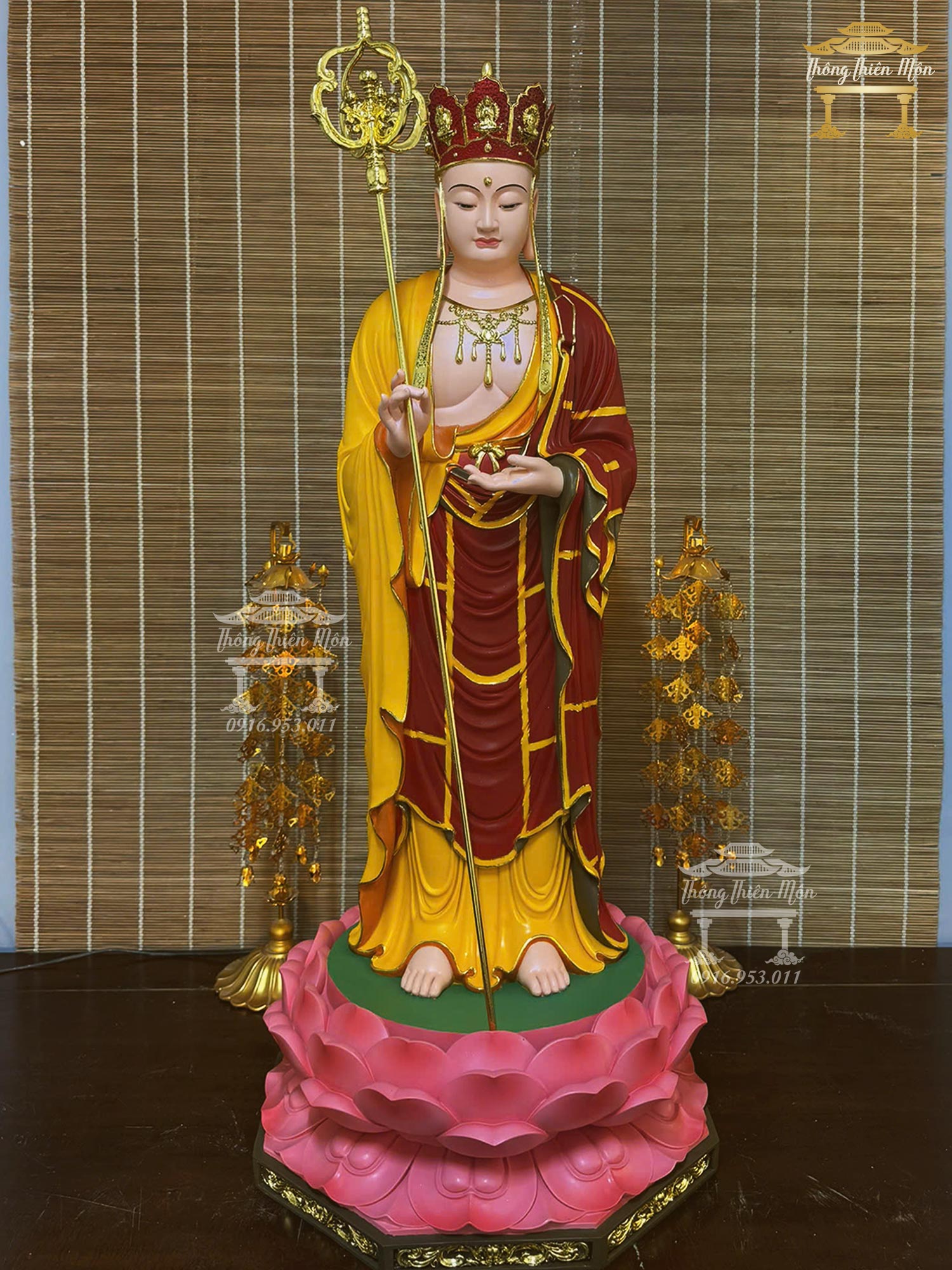 Tôn Tượng Địa Tạng Vương Bồ Tát, Kích thước 90cm, Y Phước Điền đỏ vàng