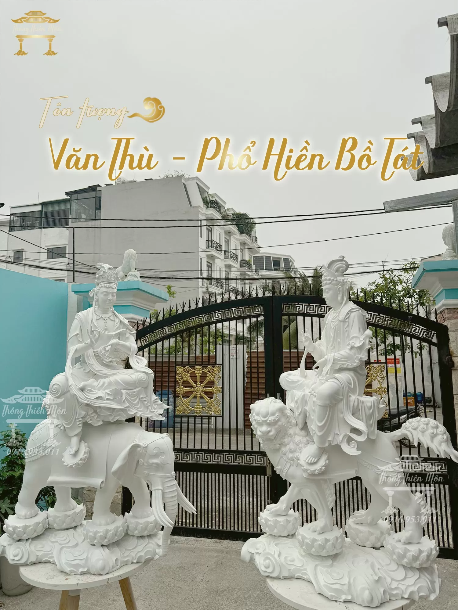 Tượng Văn Thù - Phổ Hiền Bồ Tát, Màu trắng ngọc trai, kích thước 150cm