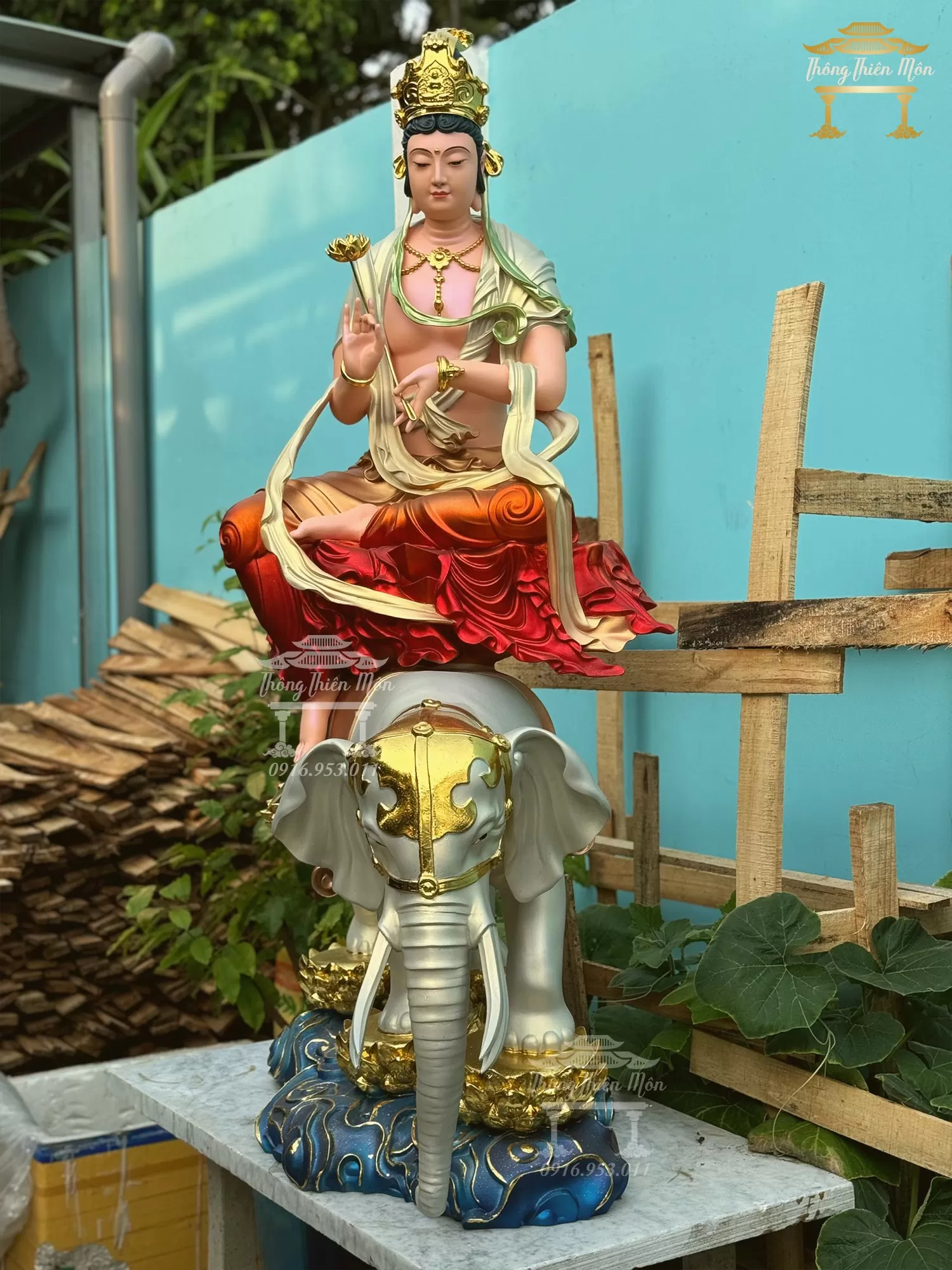 Tượng Văn Thù - Phổ Hiền Bồ Tát, Sơn khoáng phối màu, Kích thước 150cm